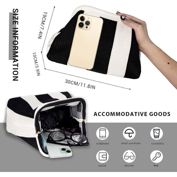 🆕Women' Black White Crochet Striped Beach Clutch Ruched Dumpling Handbag Wallet - Picture 2 of 7